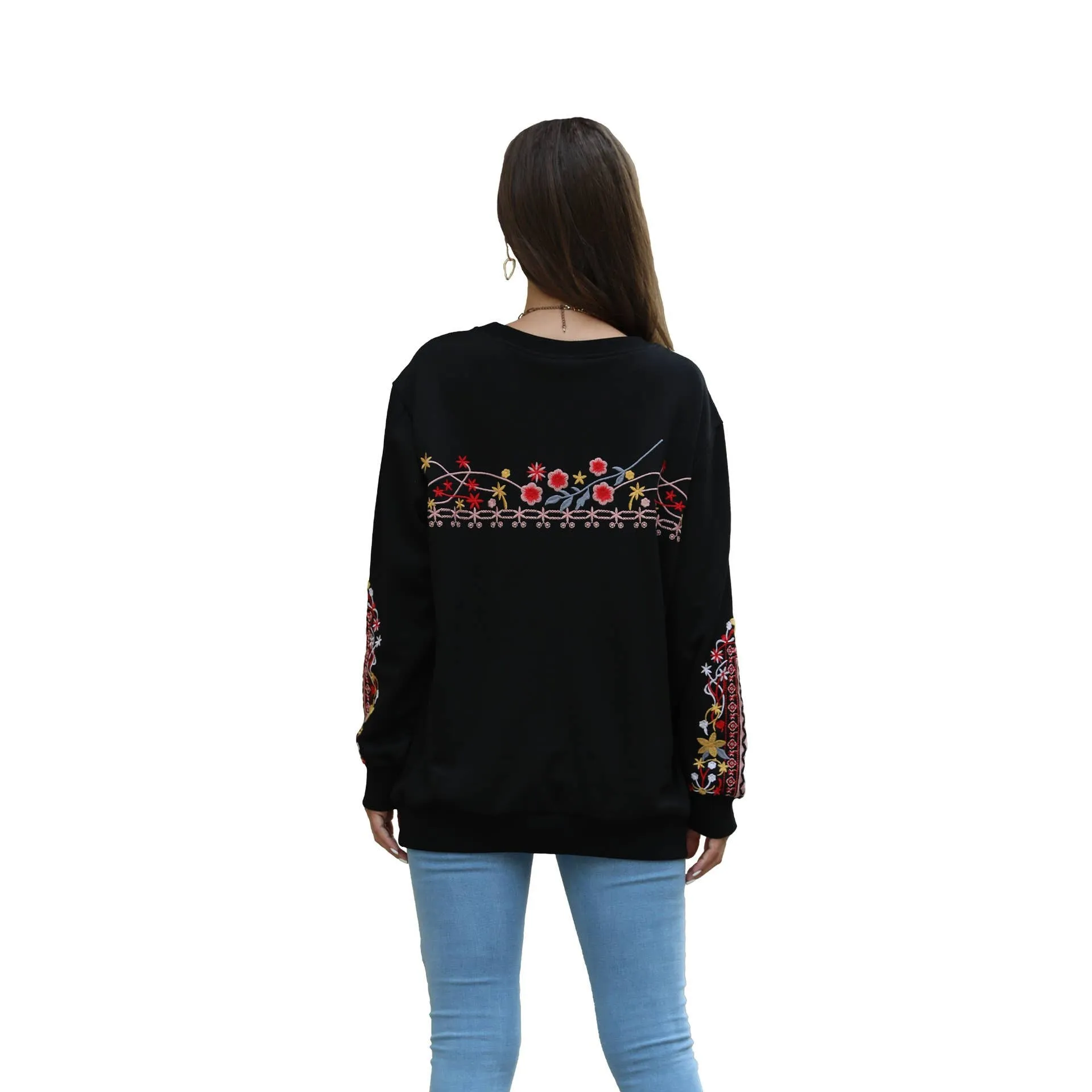 COTTON PLUS-SIZE V-NECK ETHNIC EMBROIDERED HOODIE_CWTBLL0826