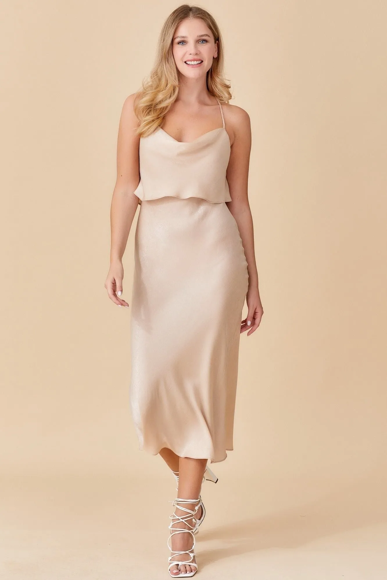 Cowl Neck Woven Midi Satin Dress