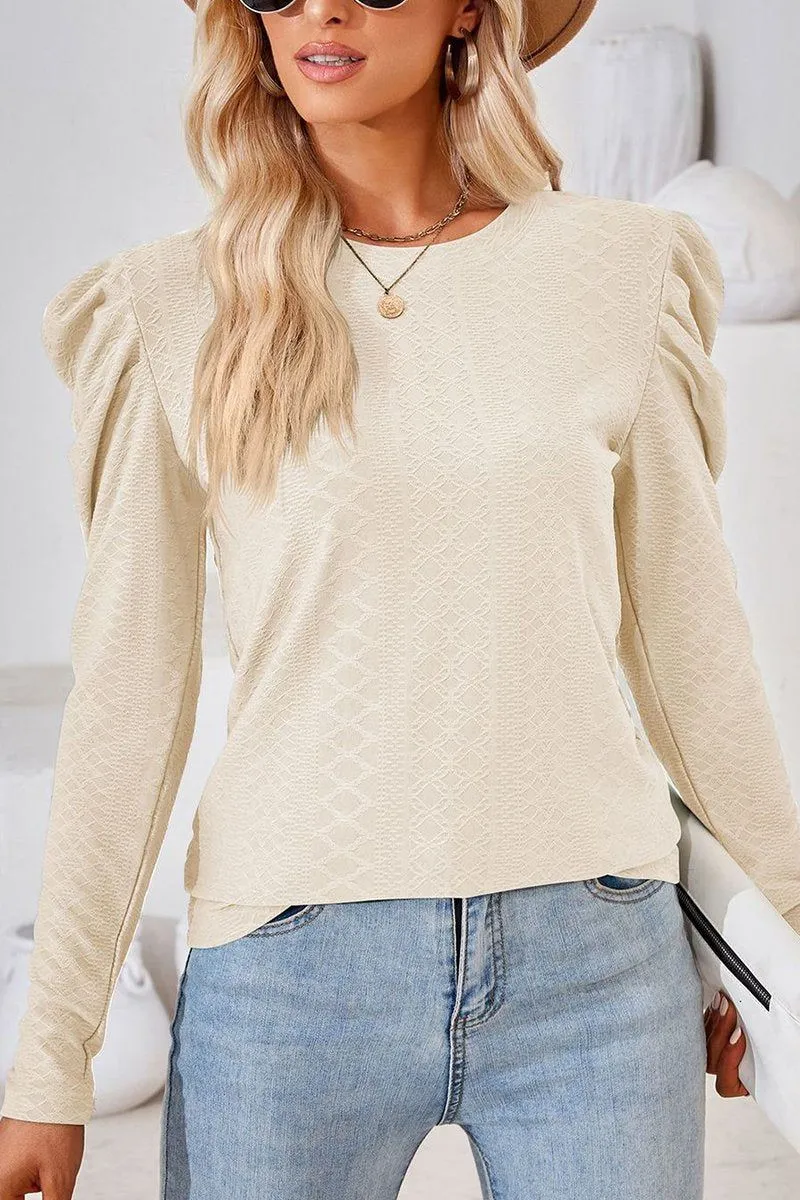 CREW NECK PUFF SLEEVE BLOUSE TEE FOR WOMEN