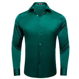 Dark Green Solid Satin Chiffon Non-stretch Men's Long Sleeve Shirt