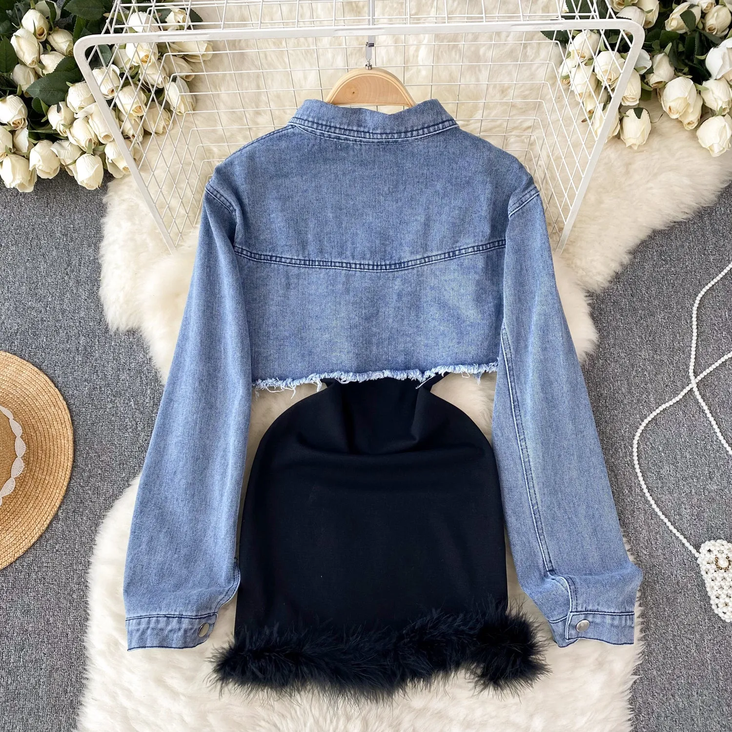 Denim Jacket&Furry Slip Dress 2Pcs