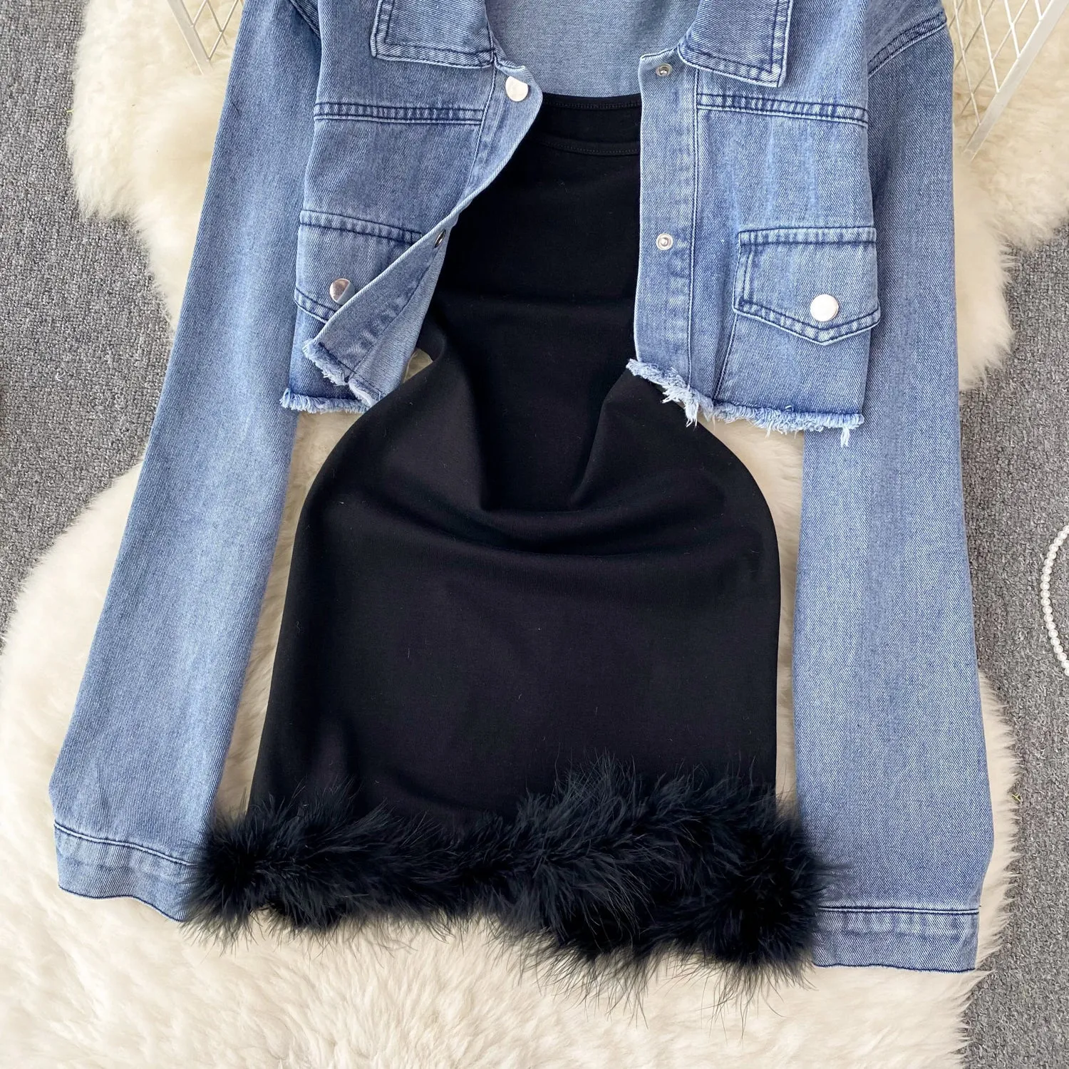 Denim Jacket&Furry Slip Dress 2Pcs