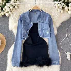 Denim Jacket&Furry Slip Dress 2Pcs