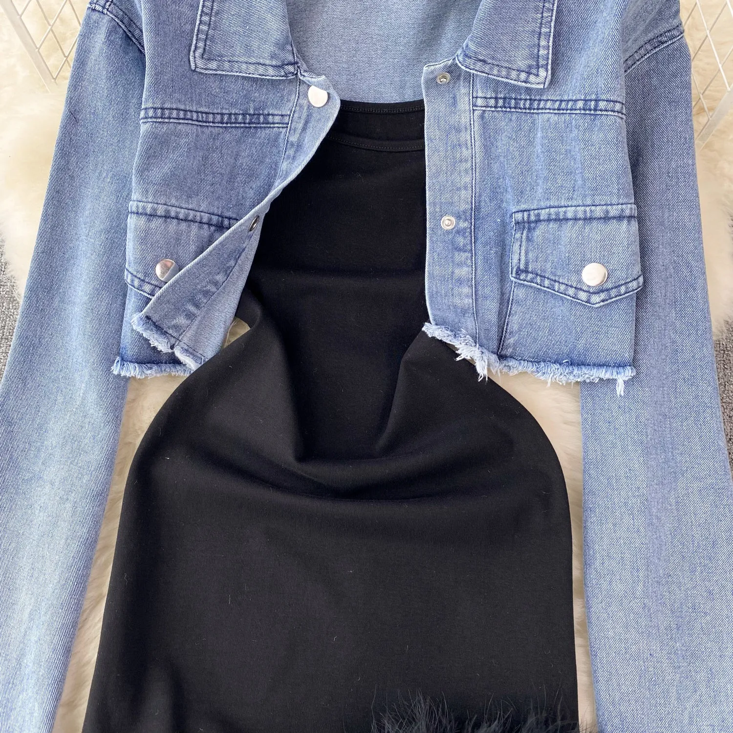 Denim Jacket&Furry Slip Dress 2Pcs