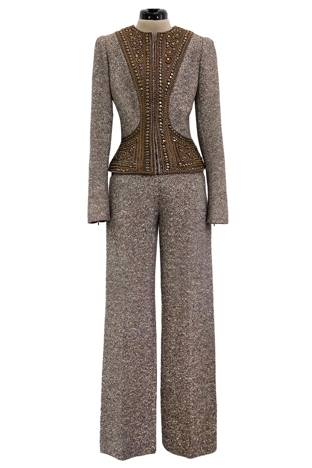 Documented & Rare Fall 2004 Alexander McQueen Tweed Pant Suit w Elaborately Embellished Jacket