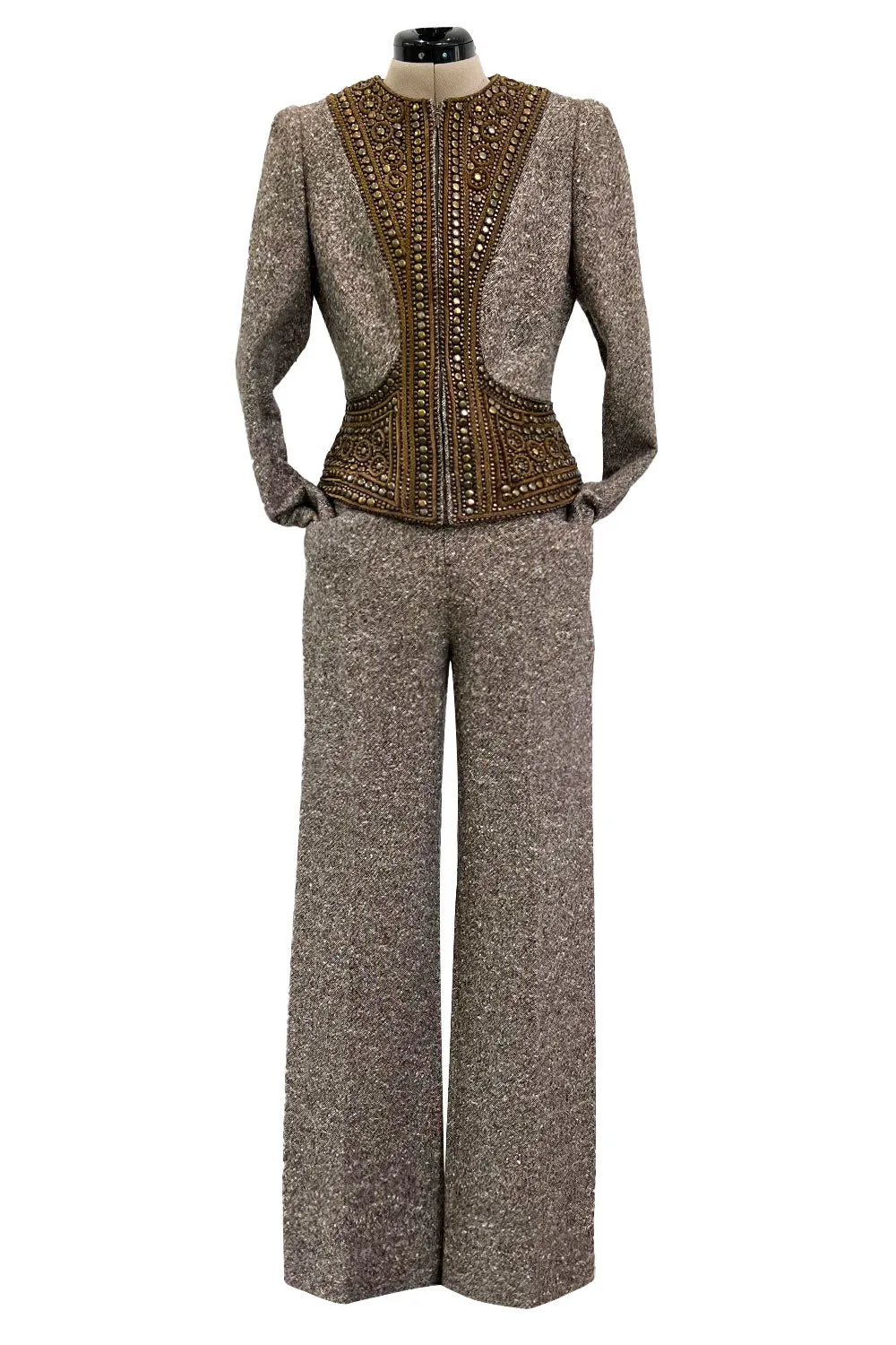 Documented & Rare Fall 2004 Alexander McQueen Tweed Pant Suit w Elaborately Embellished Jacket