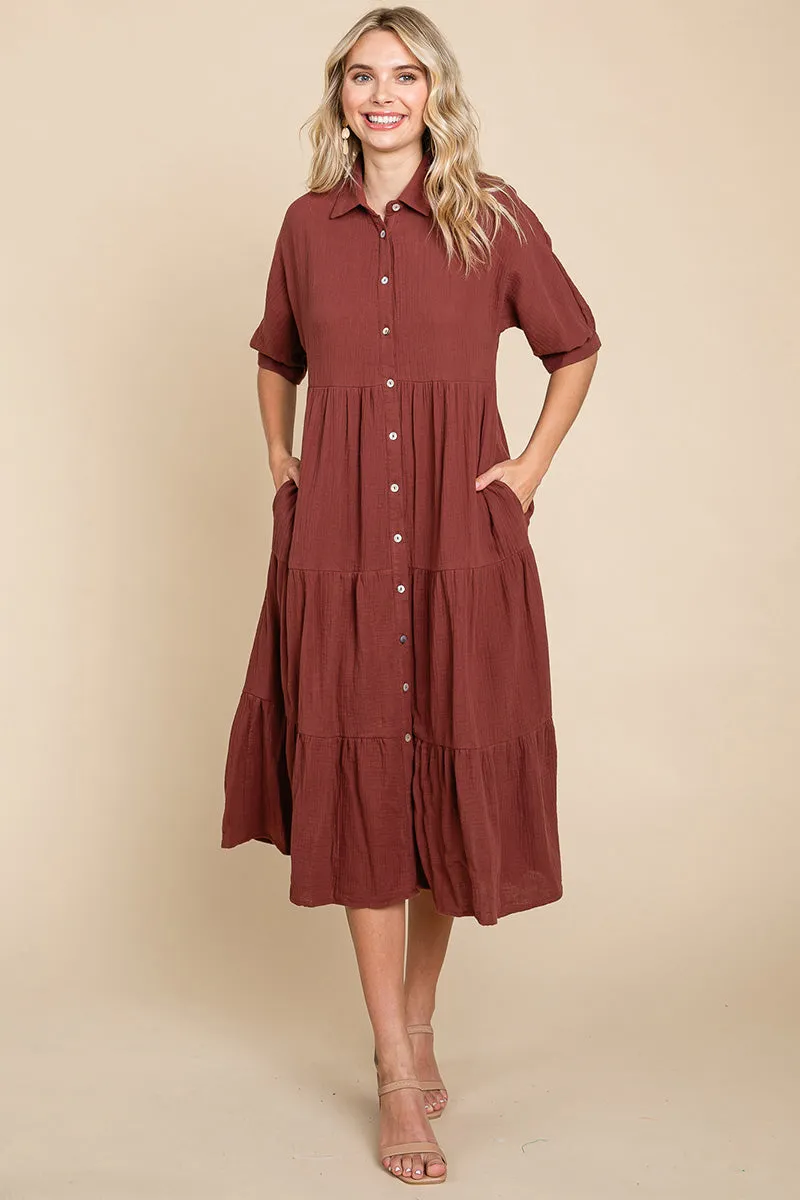 Double Gauze Tiered Cotton Midi Shirt Dress