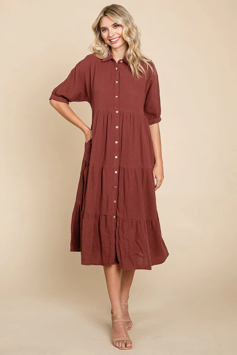 Double Gauze Tiered Cotton Midi Shirt Dress