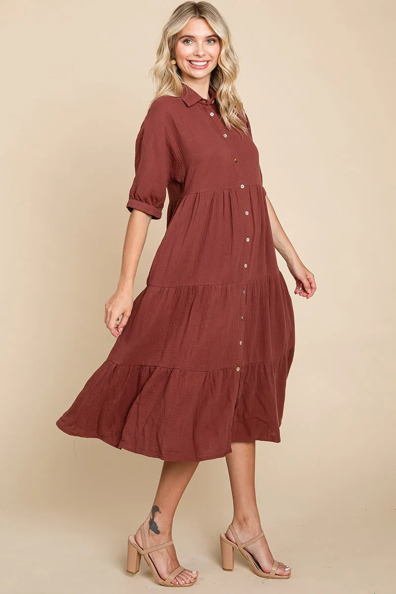 Double Gauze Tiered Cotton Midi Shirt Dress