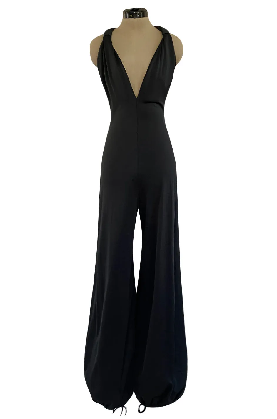 Early 1980s Giorgio Sant' Angelo Black Plunge Jersey Jumpsuit w Balloon Bottoms & Bare Back