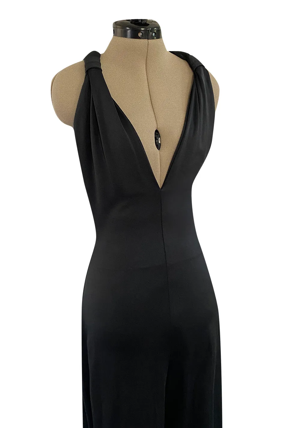 Early 1980s Giorgio Sant' Angelo Black Plunge Jersey Jumpsuit w Balloon Bottoms & Bare Back