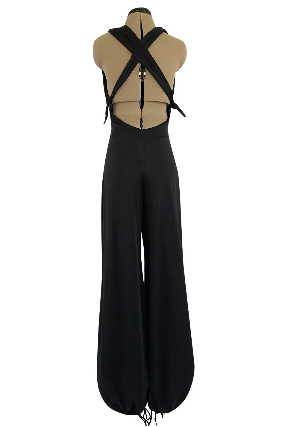 Early 1980s Giorgio Sant' Angelo Black Plunge Jersey Jumpsuit w Balloon Bottoms & Bare Back