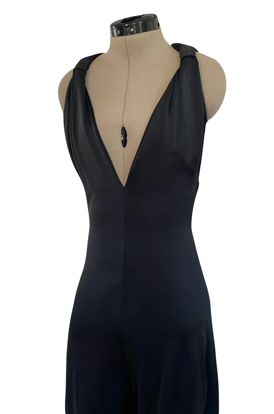 Early 1980s Giorgio Sant' Angelo Black Plunge Jersey Jumpsuit w Balloon Bottoms & Bare Back