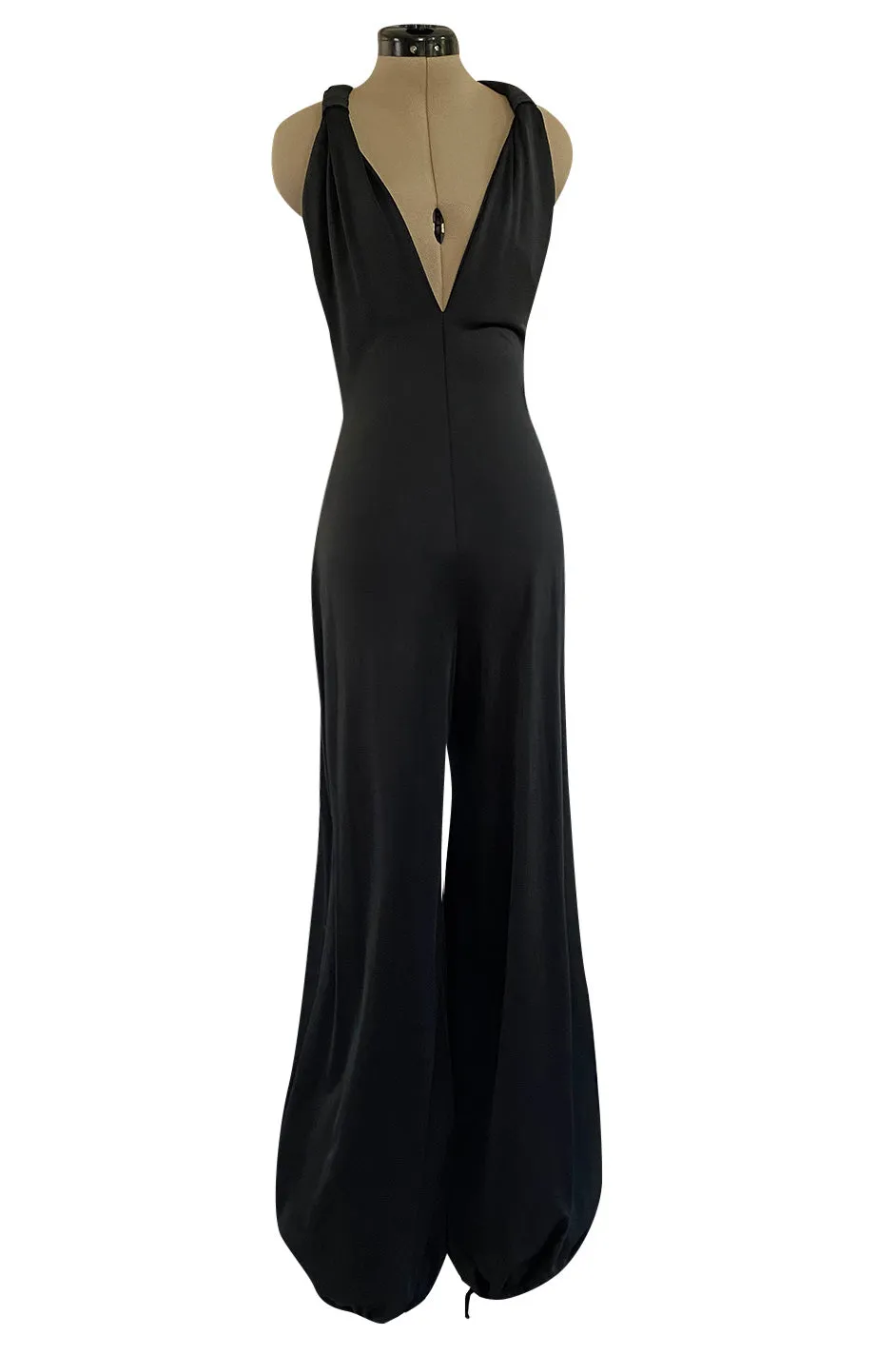 Early 1980s Giorgio Sant' Angelo Black Plunge Jersey Jumpsuit w Balloon Bottoms & Bare Back