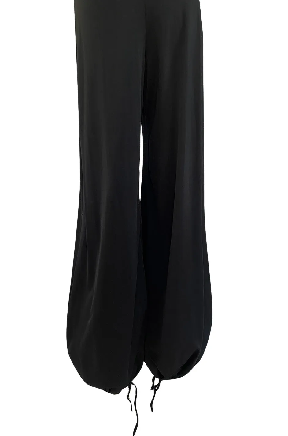 Early 1980s Giorgio Sant' Angelo Black Plunge Jersey Jumpsuit w Balloon Bottoms & Bare Back