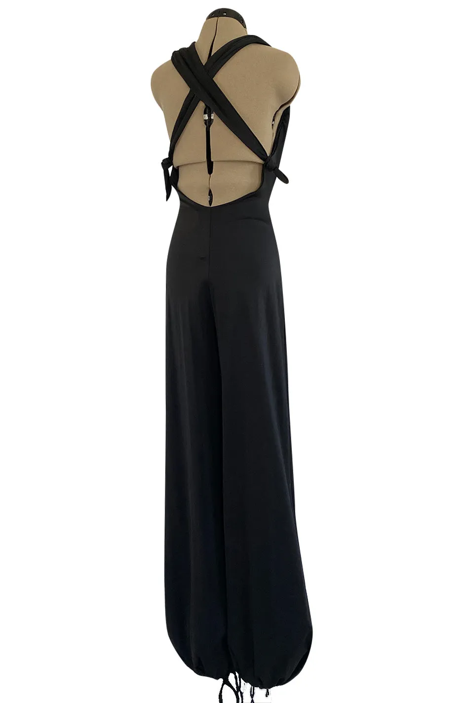 Early 1980s Giorgio Sant' Angelo Black Plunge Jersey Jumpsuit w Balloon Bottoms & Bare Back