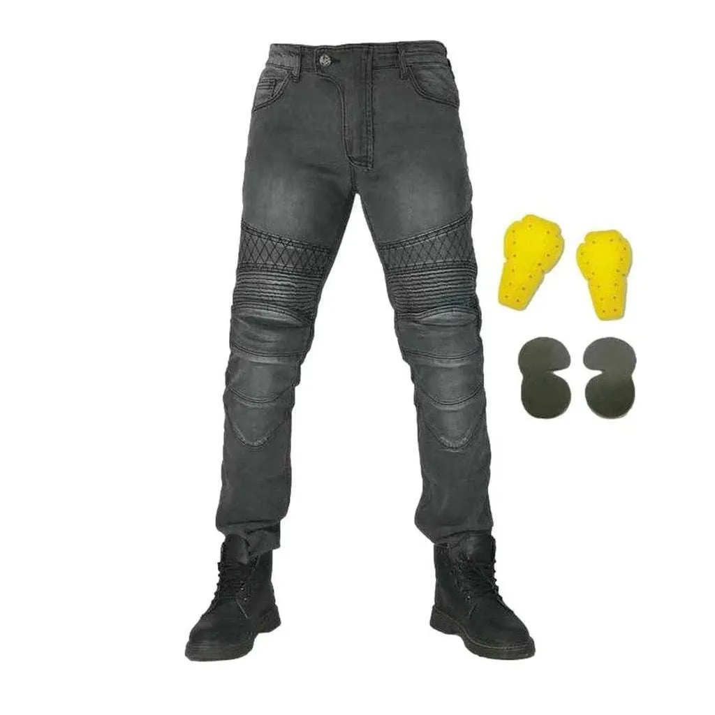 Embroidered grey men's biker jeans