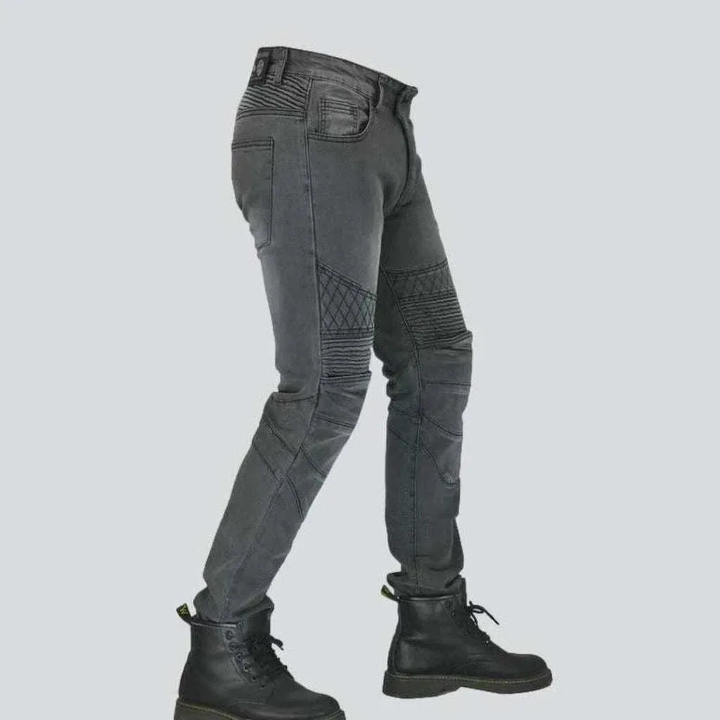 Embroidered grey men's biker jeans