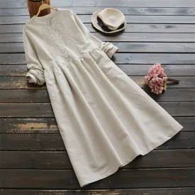 Embroidery Long Shirt Dress Vintage Casual Cotton Linen Women Long Sleeve Sundress