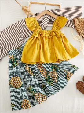 Girls Cute Sleeveless Ruffled Shirt With Pineapple Striped Skirt