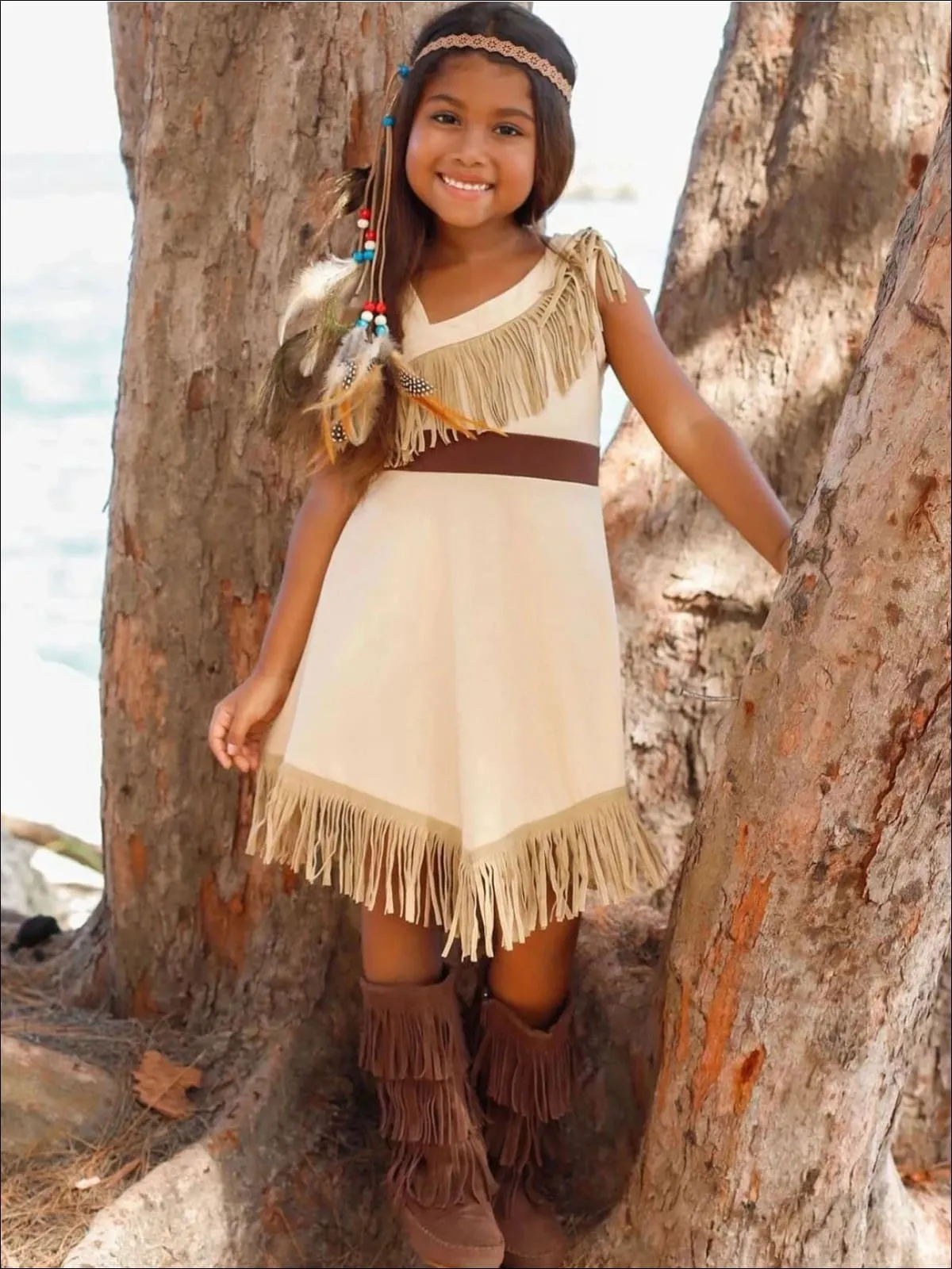 Girls Pocahontas Inspired Bohemian One Shoulder Fringe Halloween Costume