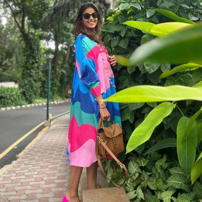 Green, Pink Blue Abstract Print Flowy Shirt Dress Tunic