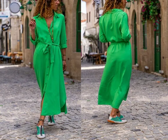 Green Self Belted Buttoned Long Shirt Dress,Maxi Dress,Long Sleeve Dress-Boho Wear Womens Dress-Attractive Casual Dress,Vintage Dress