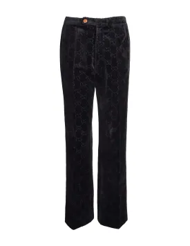 Gucci Vintage 1970s Black GG Logo Monogram Velvet Jacquard Wide Leg Pants