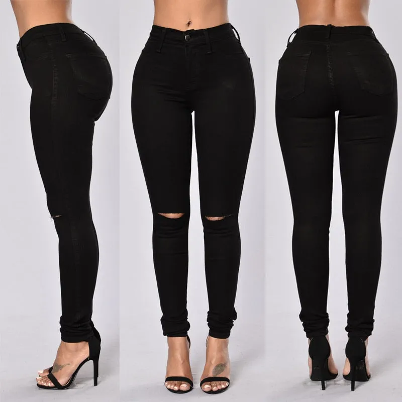 High Waist Skinny Ripped Denim Jeans (White/Black)