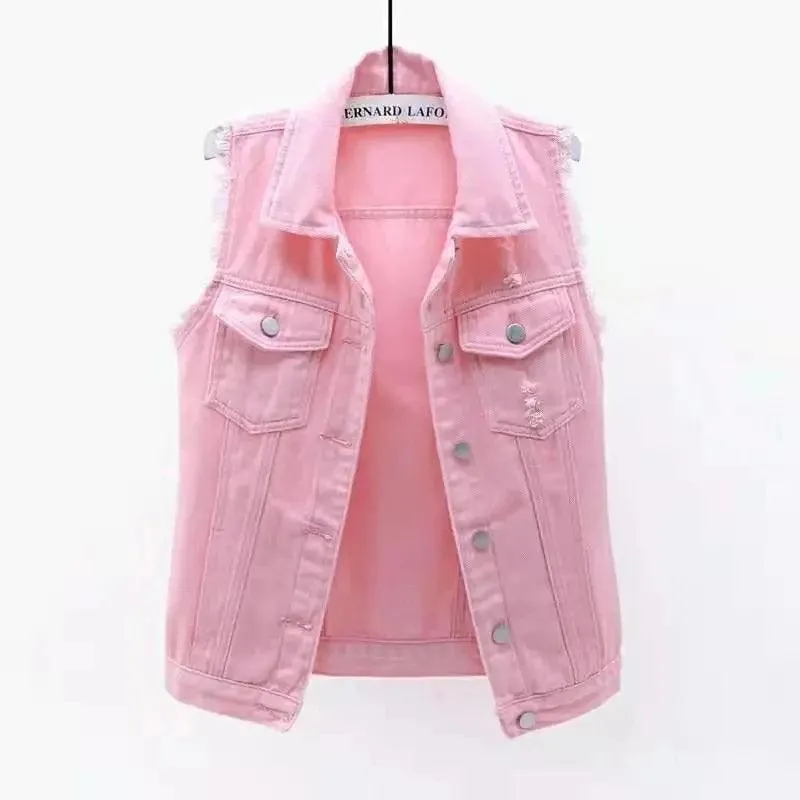 Korean Fashion Pink Denim Vests Women Casual Cowboy Sleevless Jackets Summer Jean Chalecos Mujer Oversize Short Waistcoat