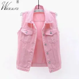 Korean Fashion Pink Denim Vests Women Casual Cowboy Sleevless Jackets Summer Jean Chalecos Mujer Oversize Short Waistcoat