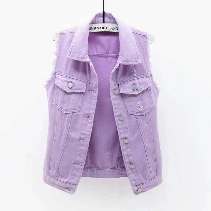 Korean Fashion Pink Denim Vests Women Casual Cowboy Sleevless Jackets Summer Jean Chalecos Mujer Oversize Short Waistcoat