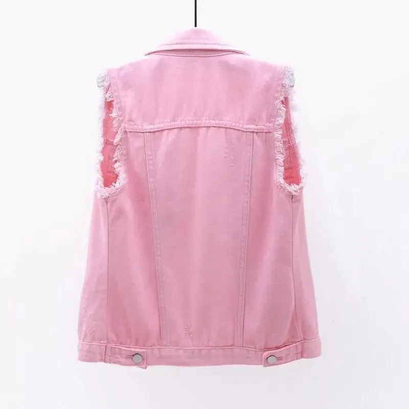 Korean Fashion Pink Denim Vests Women Casual Cowboy Sleevless Jackets Summer Jean Chalecos Mujer Oversize Short Waistcoat