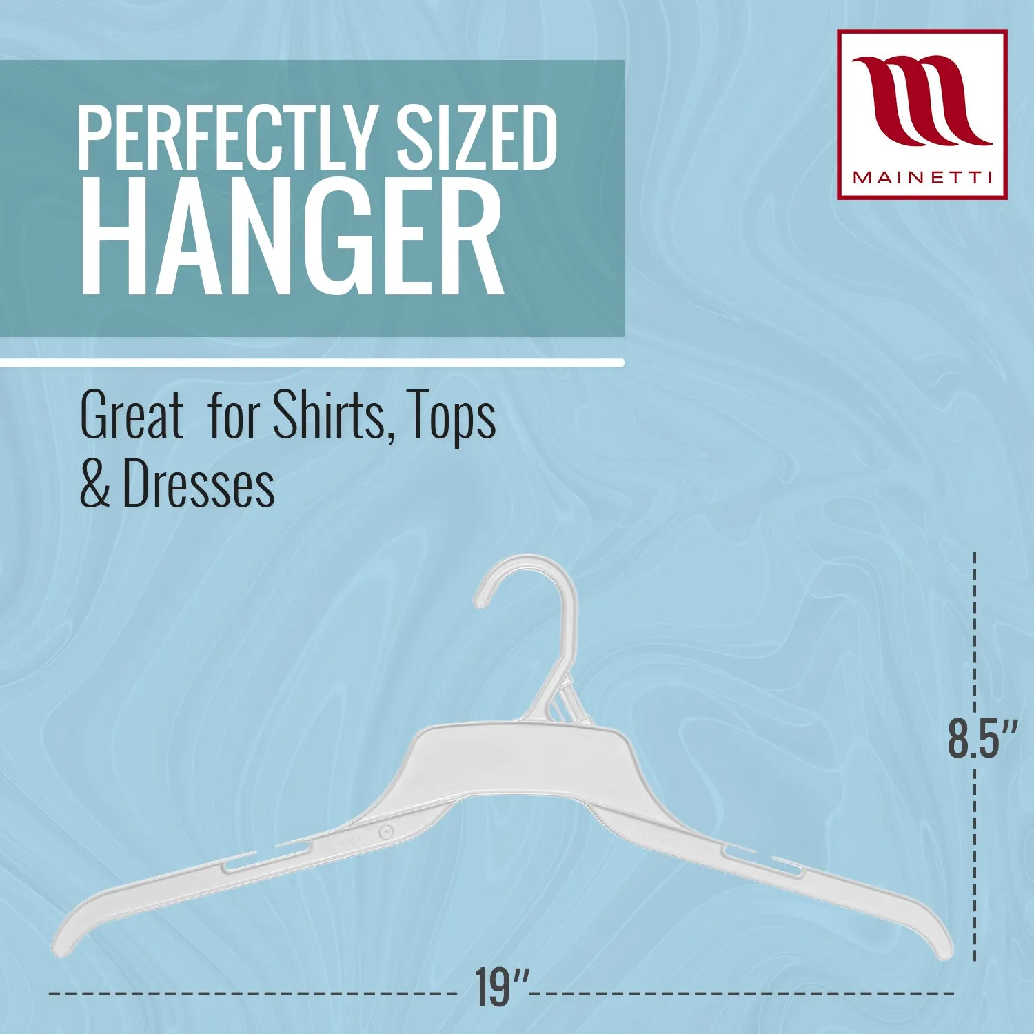 Mainetti 491, 19" White all Plastic, Shirt Top Dress Hangers, with notches for straps