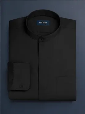 Mens Cotton French Front Mandarin Shirt in Black