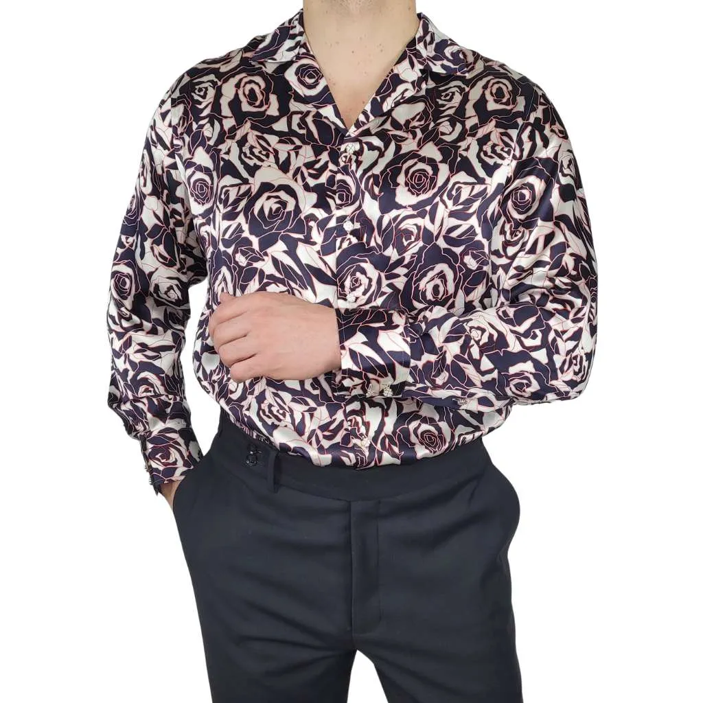 Men's Navy Rose Floral Silk Shirt