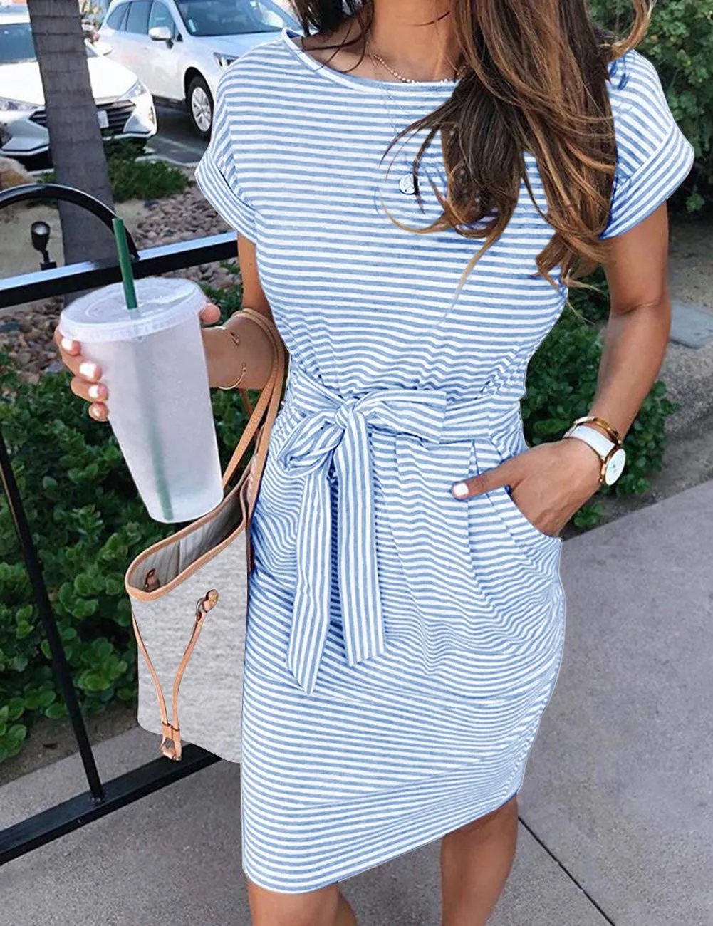 MEROKEETY Women's Summer Striped Short Sleeve T Shirt Dress Casual Tie Waist Midi Dress, Blue, M