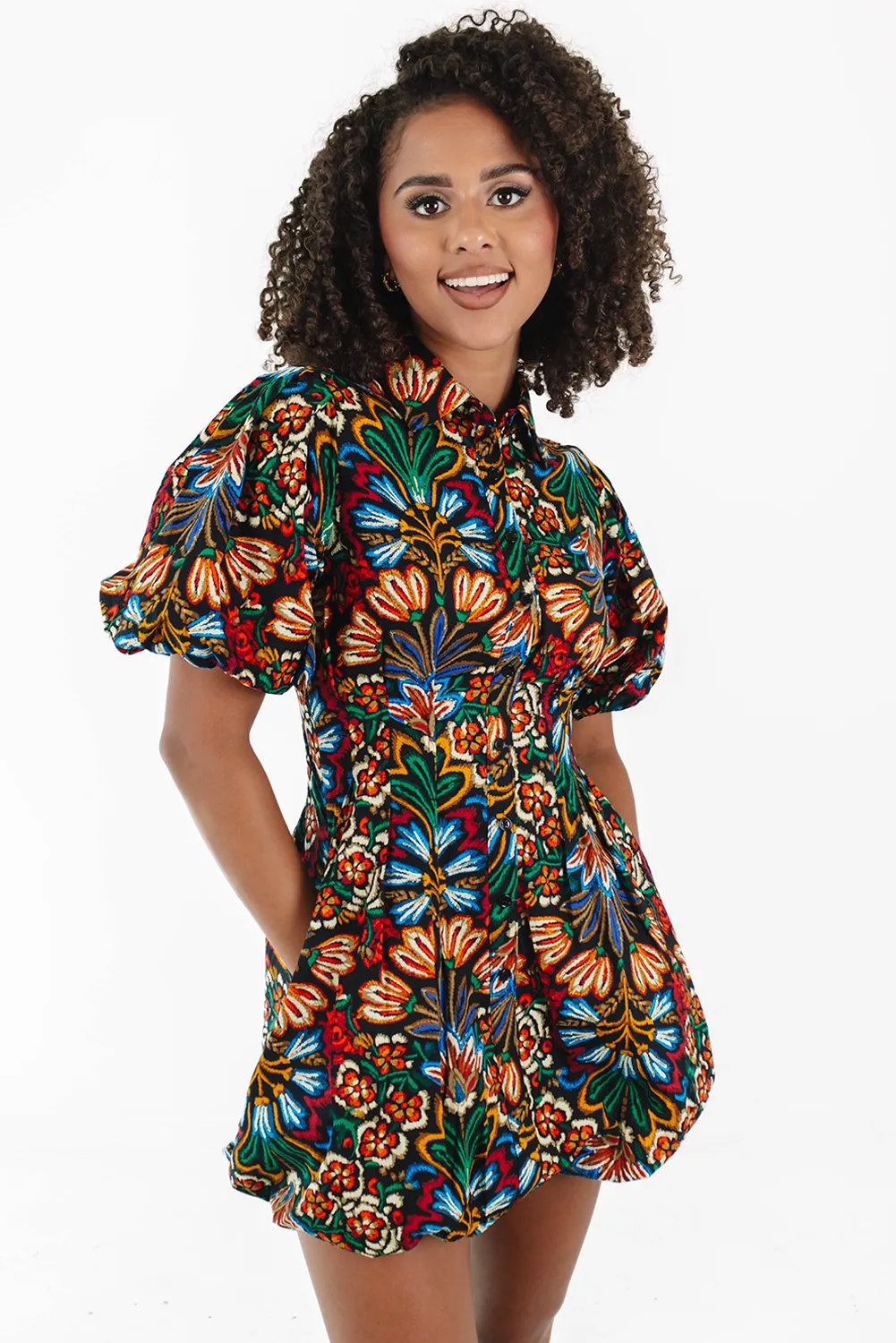 Multicolour Bohemian Floral Shirt Bubble Dress