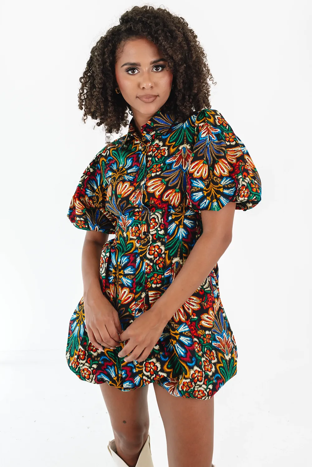 Multicolour Bohemian Floral Shirt Bubble Dress