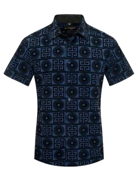 Navy Blue Men's Luxury Style Greek Key Short Sleeves Shirt Regular-Fit