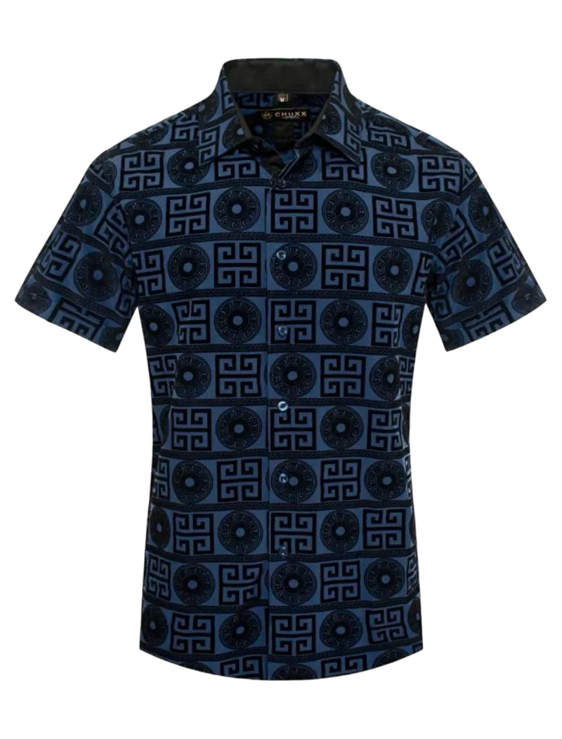 Navy Blue Men's Luxury Style Greek Key Short Sleeves Shirt Regular-Fit