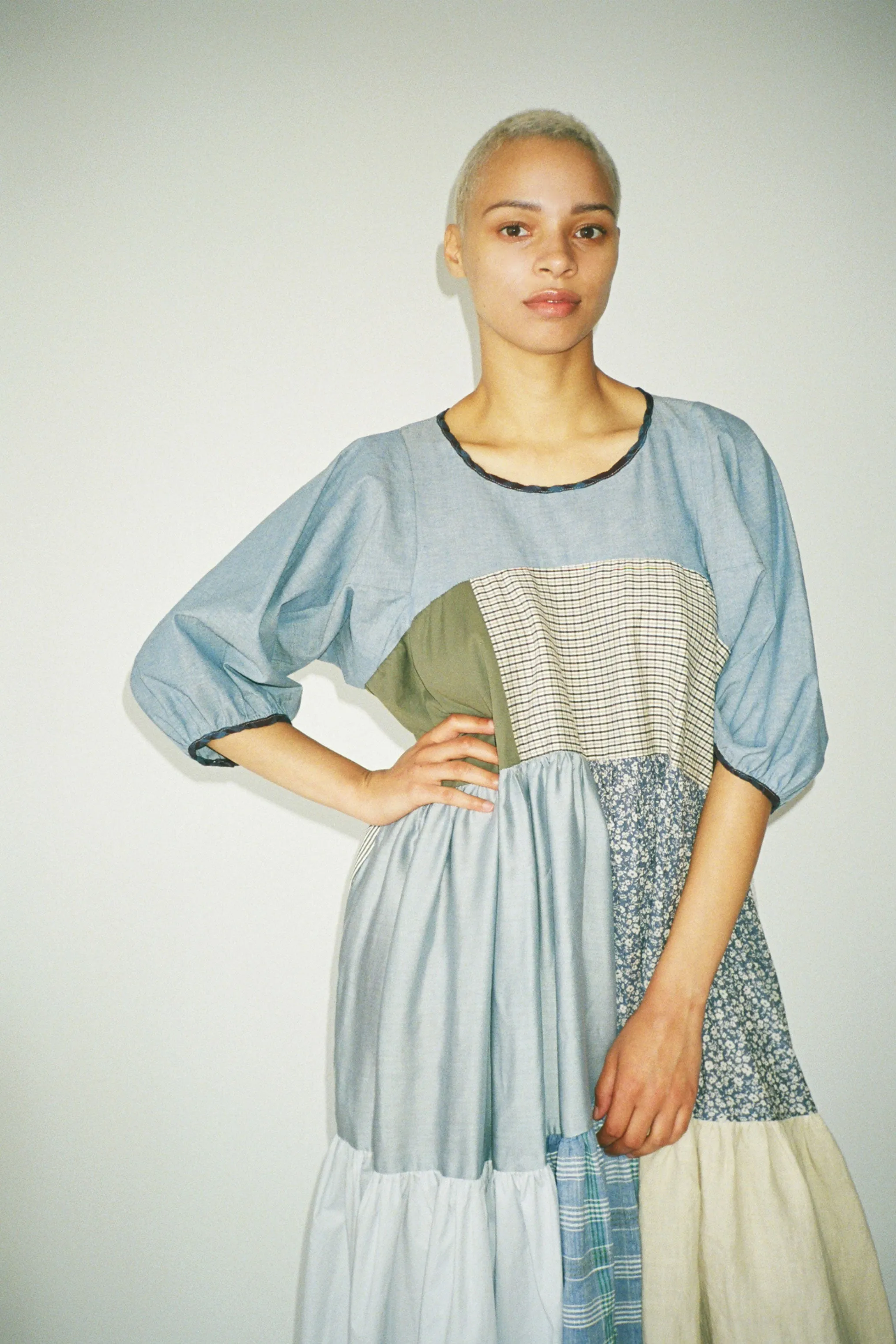 Neutral Puff Sleeve Patchwork Dress