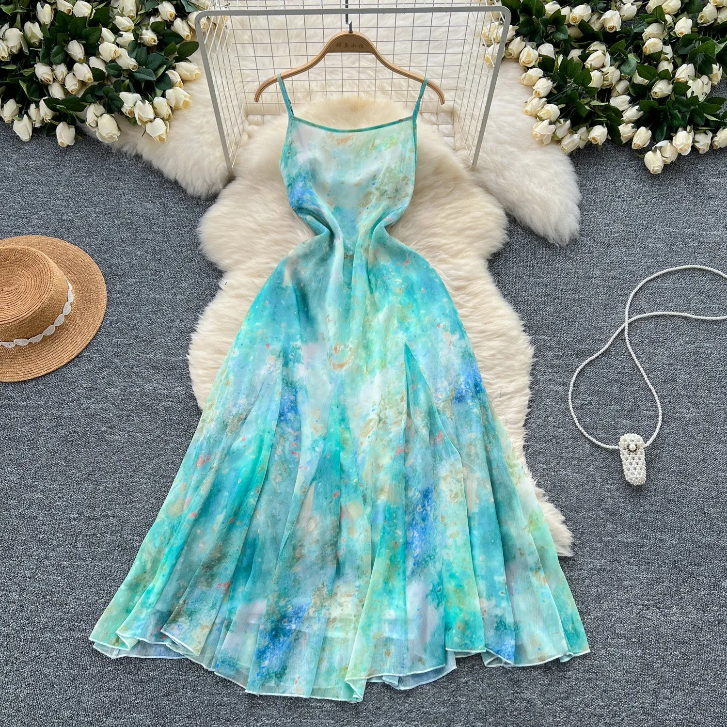 Niche Tie-dye Floral Slip Dress