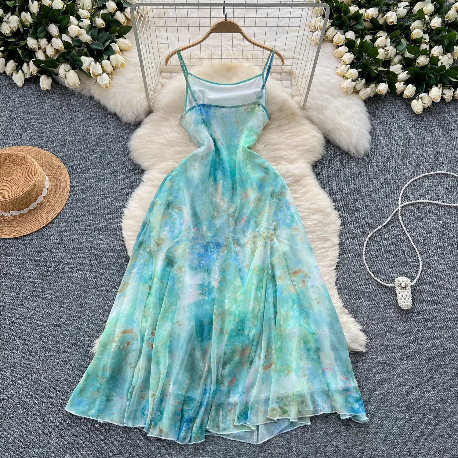 Niche Tie-dye Floral Slip Dress