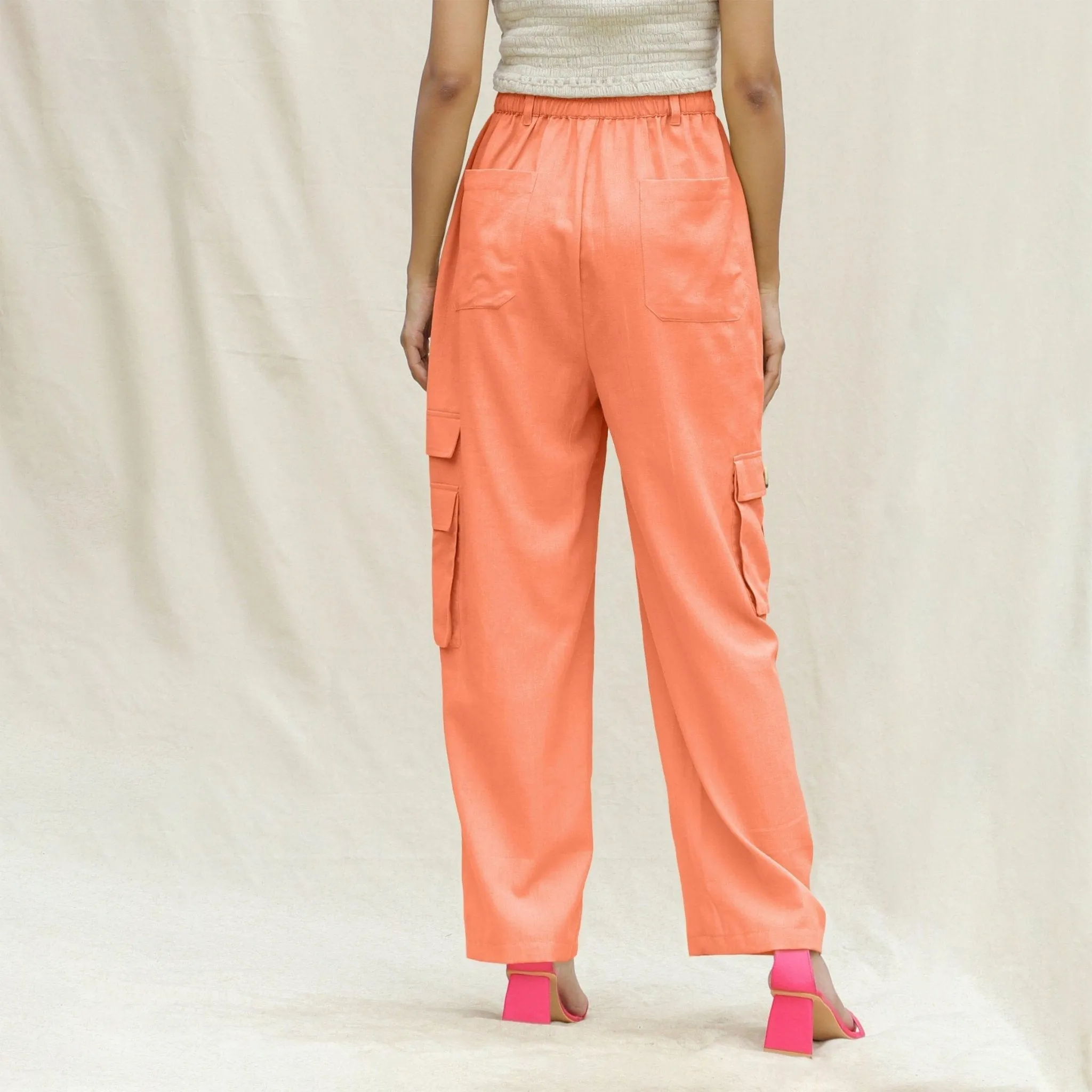 Peach Cotton Flax Elasticated High-Rise Cargo Pant