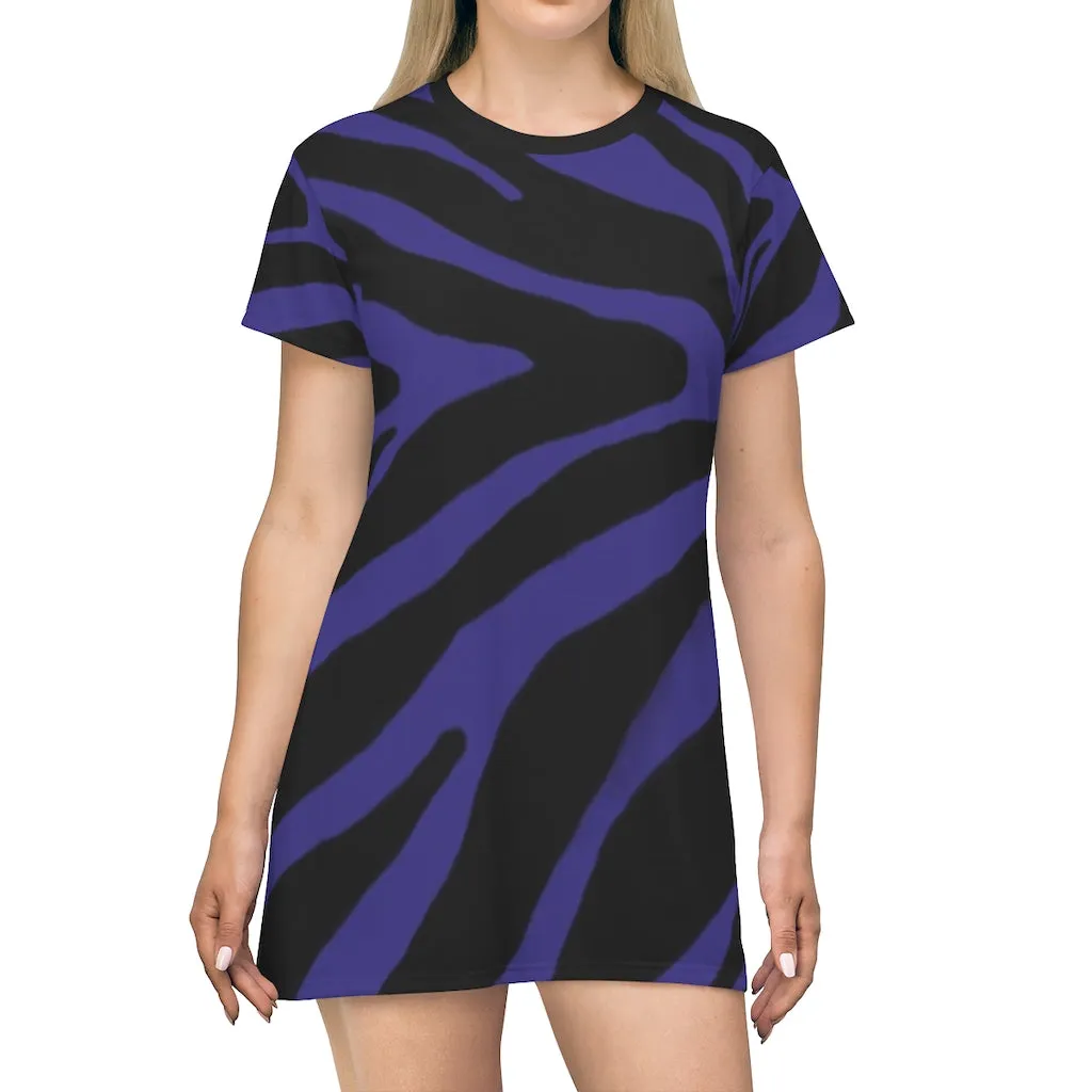 Purple Zebra Print T-Shirt Dress, Zebra Animal Print Crew Neck Long Tee Shirt Dress - Made in USA