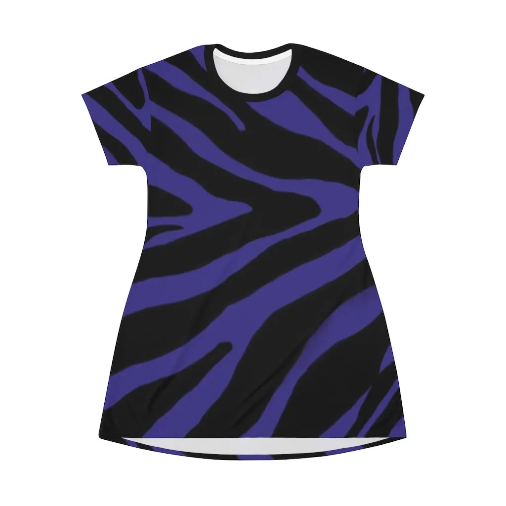 Purple Zebra Print T-Shirt Dress, Zebra Animal Print Crew Neck Long Tee Shirt Dress - Made in USA