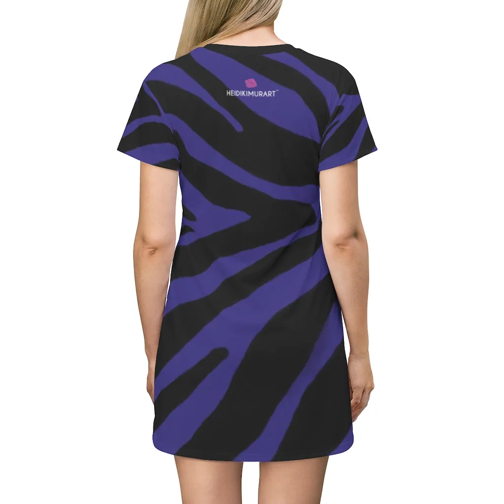 Purple Zebra Print T-Shirt Dress, Zebra Animal Print Crew Neck Long Tee Shirt Dress - Made in USA