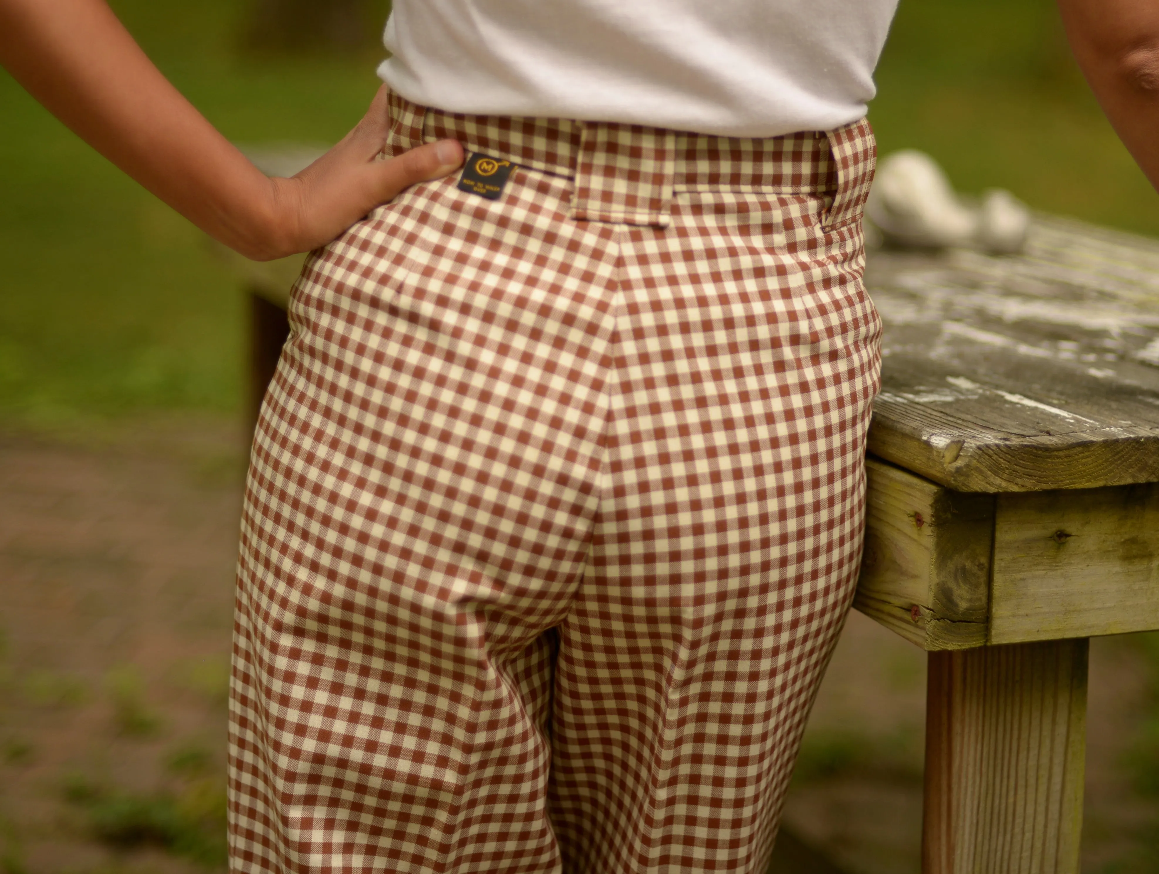 Rare 1970s thick cotton gingham ultra wide leg bell bottom trousers, 27w