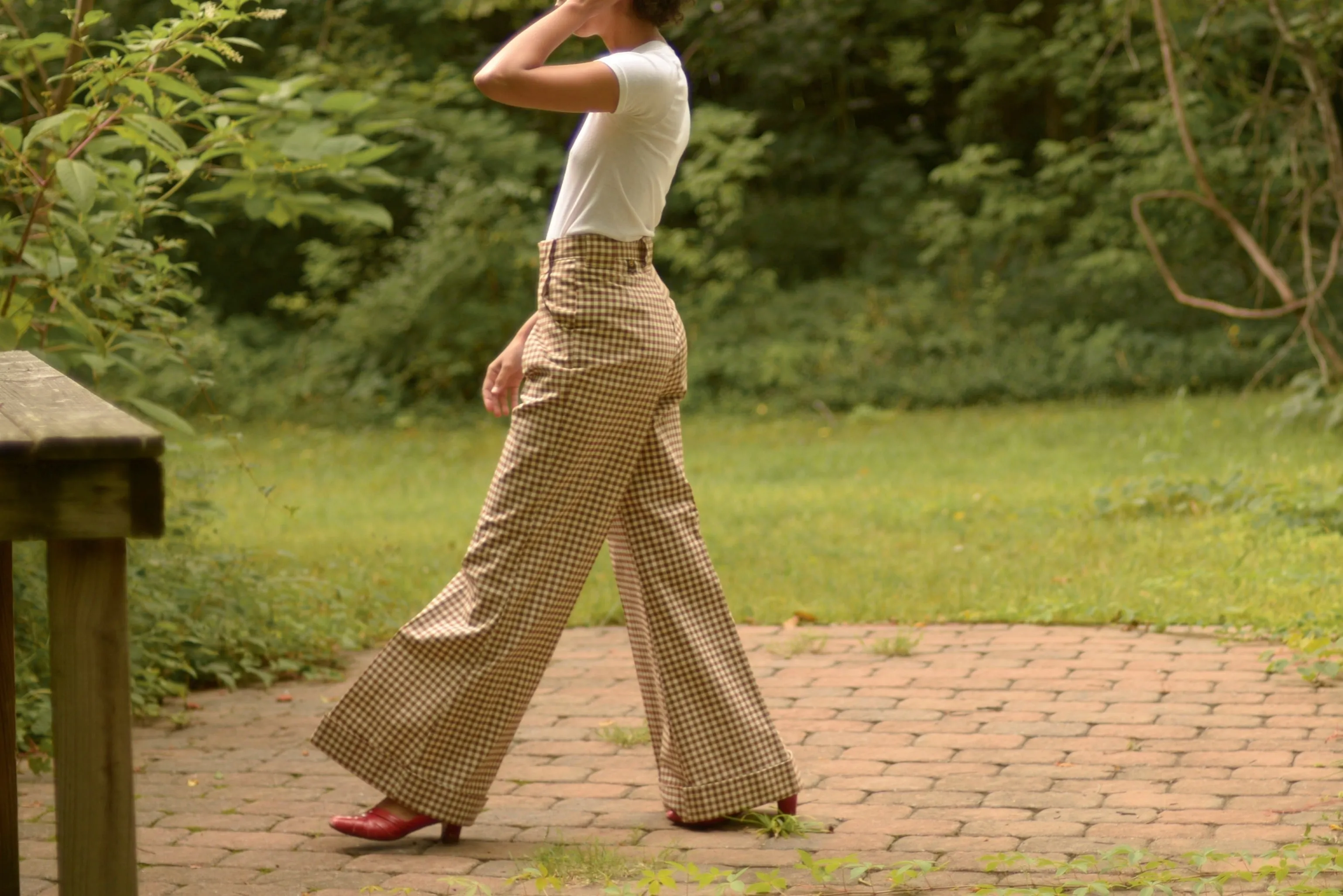 Rare 1970s thick cotton gingham ultra wide leg bell bottom trousers, 27w